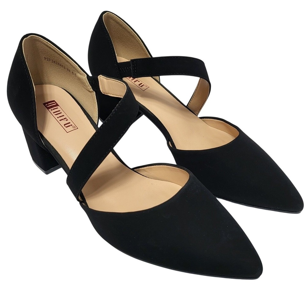 IDIFU Black Faux Suede Pointed Toe Block‎ Heel D'Orsay Pumps Womens 8.5